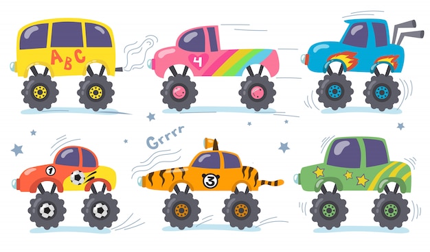 Vettore gratuito cartoon monster truck impostato