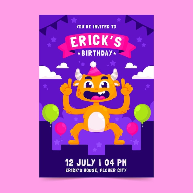 Free vector cartoon monsters birthday invitation template