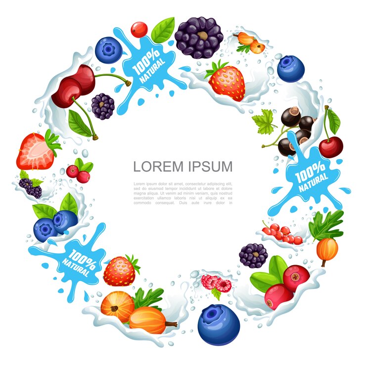 Free Vector cartoon natural berry smoothies round composition with cherry strawberry raspberry blueberry currant gooseberry cranberry in milk splashes