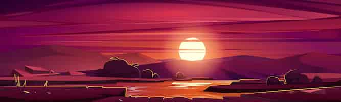 Vettore gratuito paesaggio della natura del fumetto bel tramonto al campo