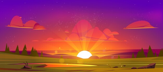 Мультяшный природный пейзаж красивый закат на зеленом поле с прудовой травой скалы и хвойные деревья под фиолетовым небом с красными облаками Живописный фон пейзажа естественная сцена сумерек Векторная иллюстрация