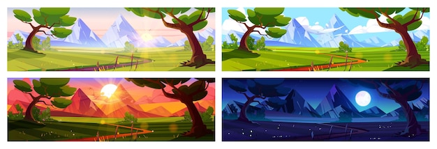 Cartoon nature landscape day time set backgrounds