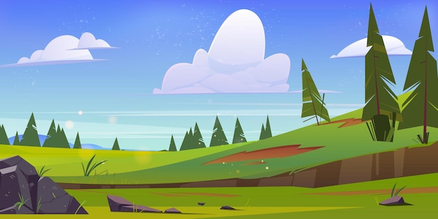 Cartoon Nature Landscape Green Field Or Meadow