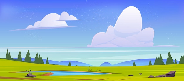 Cartoon nature landscape green field with pond, grass, rocks and conifers under blue sky with fluffy clouds. Picturesque scenery background, natural tranquil countryside scene, Vector illustration