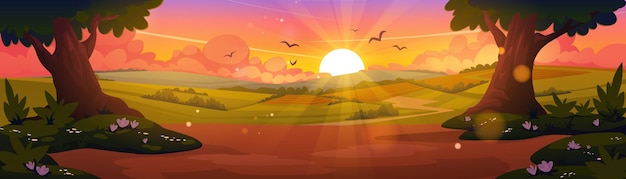 Free vector cartoon nature landscape summer evening forest