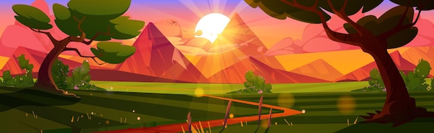 Бесплатное векторное изображение Мультфильм природа пейзаж закат фон