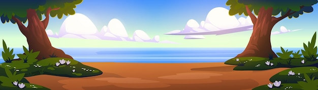 Free vector cartoon nature landscape with forest and sea view