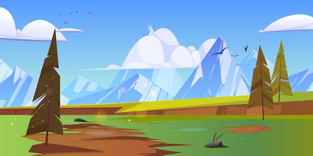 Cartoon nature landscape with mountain peaks.