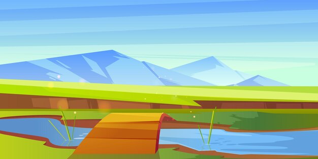 Мультяшный природный пейзаж деревянный мост через реку или ручей, зеленое поле с травой и скалами под голубым ясным небом. Живописный фон, естественная спокойная сцена, векторная иллюстрация
