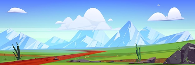 Cartoon natura paesaggio di montagna con strada sterrata rurale che va lungo il campo verde con erba e rocce percorso sotto il cielo blu con soffici nuvole scenario sfondo estivo vista diurna illustrazione vettoriale