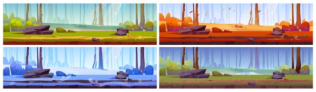 Cartoon nature seasons landscape backgrounds set