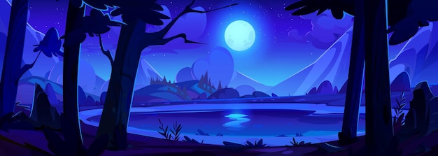 Free vector cartoon night dark landscape with lake in forest