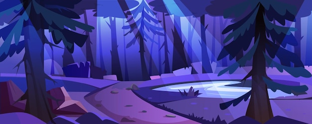 月明かりの下で池の木と小道のある漫画の夜の森の風景