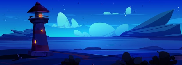 Free vector cartoon night sea landscape with lighthouse