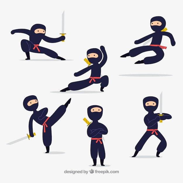 Free vector cartoon ninja character in different poses