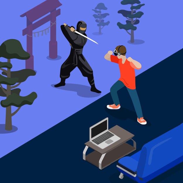 Cartoon ninja fight game screen shot concept  illustration. Isometric 3d flat style playing video game screenshot. Man Fighting with Samurai by hands. Sofa laptop carpet room nature background.