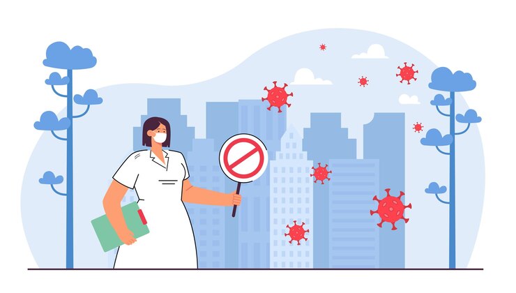 Free Vector cartoon nurse in mask holding stop sign. coronavirus floating in air in big city flat vector illustration. pandemic, prevention, health, medicine concept for banner, website design or landing web page