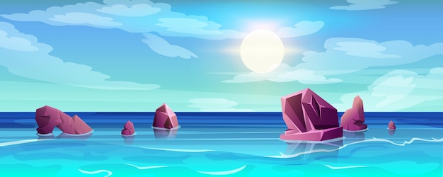 Vettore gratuito oceano del fumetto con le rocce che si attaccano d'acqua