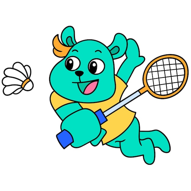 シャトルコックを打つバドミントン選手の漫画 キャラクターかわいい落書きドロー ベクトルイラスト プレミアムベクター