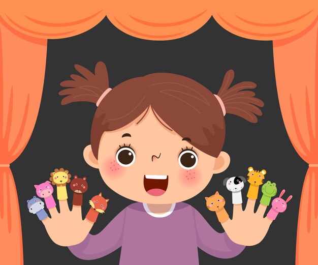 シンプルな劇場人形劇 イラスト ステージ上のパフォーマンスマリオネット俳優 カーテンから糸を引く大きな手 プレミアムベクター