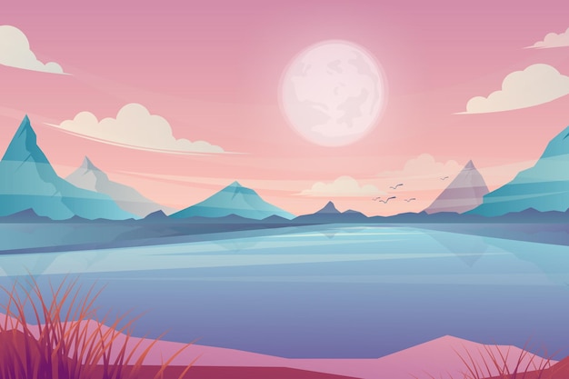 無料ベクター 春夏の美しいシーン、風光明媚な青い湖と山の上の日の出の漫画