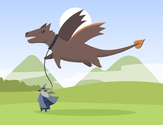 Cartoon old elf and flying dragon flat illustration. tiny bearded sage holding giant dragon flying over him on leash