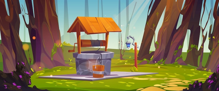 Free Vector cartoon old well with roof in deep forest game