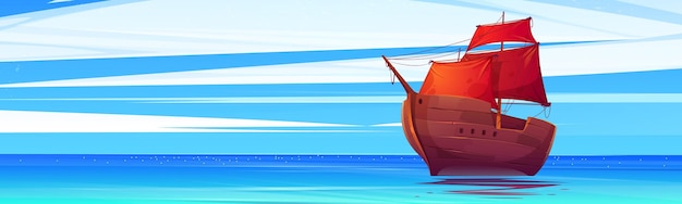 Vettore gratuito cartone animato vecchia barca di legno con vele scarlatte