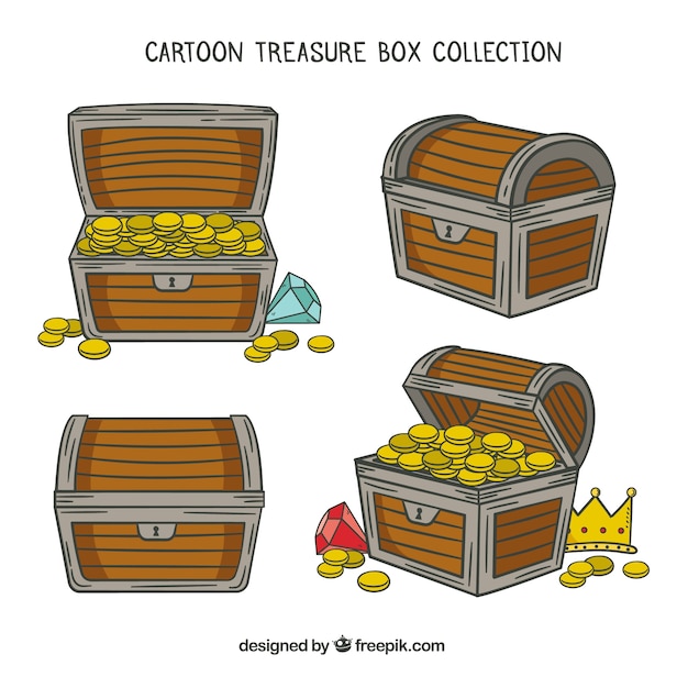 Vettore gratuito cartone animato aperto e chiuso collezione di scatole del tesoro
