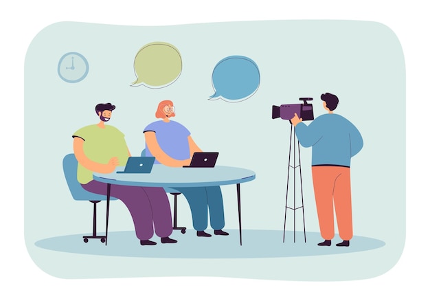 Cartoon operator shooting news reportage in studio. Cameraman filming TV presenters sitting at table flat vector illustration. Television, broadcasting concept for banner or landing web page