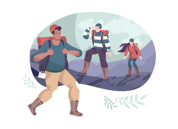 Free vector cartoon outdoor composition with group of hikers wearing backpacks