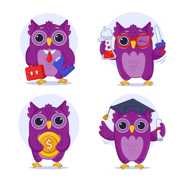 Free vector cartoon owl holding gold coin diploma medicine glass and briefcase set