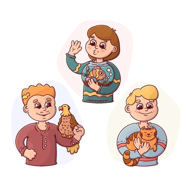 Cartoon people avatars holding their pets collection