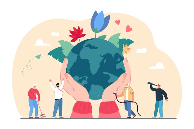 Cartoon people gardening and huge hands protecting world. Person watering plants, save planet, green or eco lifestyle flat vector illustration. Environment, ecology, Earth day, care, nature concept