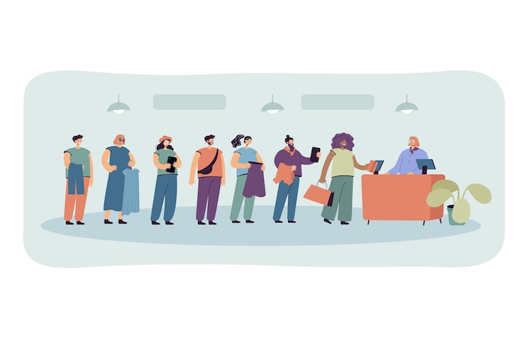 Free Vector cartoon people standing in queue flat illustration. men and women waiting in clothes shop in front of cashdesk and store assistant
