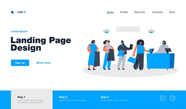 Free vector cartoon people standing in queue landing page in flat style