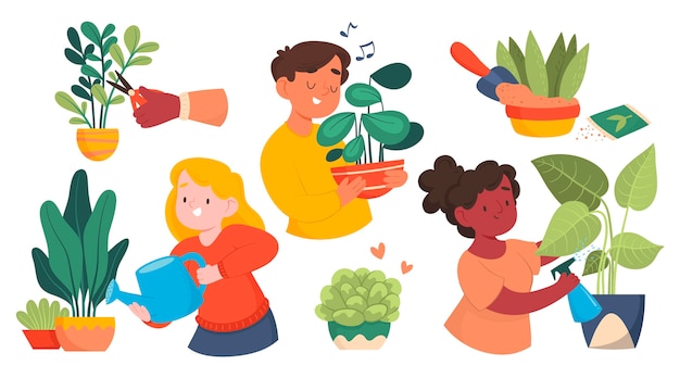 Free vector cartoon people taking care of plants