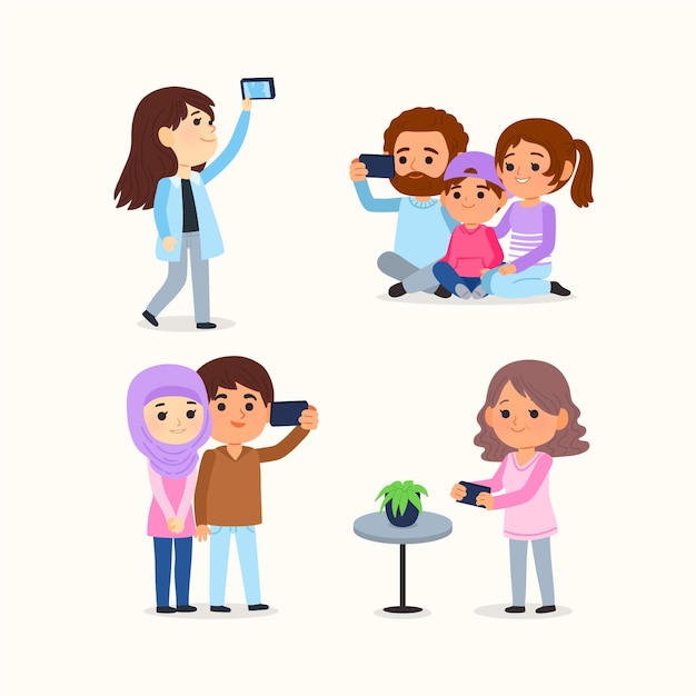 Cartoon people taking photos with smartphone