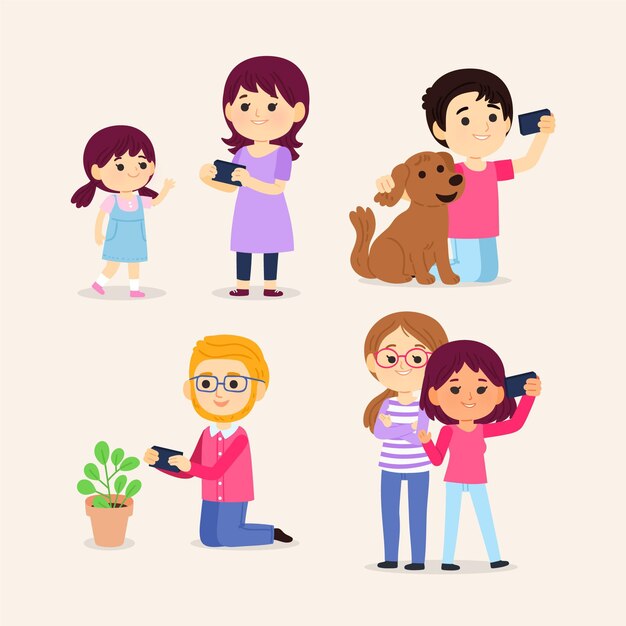 スマートフォンで写真を撮る漫画の人々