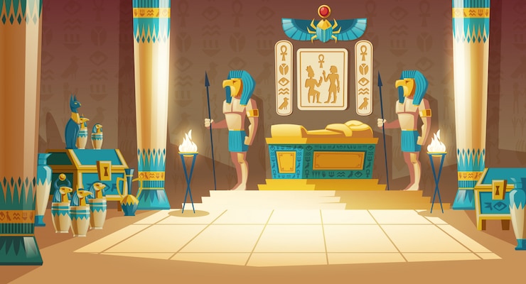 Free Vector cartoon pharaoh tomb with golden sarcophagus, statues of gods with animal heads, columns