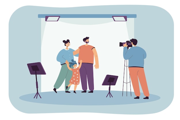 Cartoon photographer taking photo of parents and kid in studio