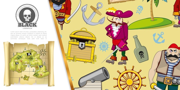 Cartoon pirates adventure concept with chest of gold coins treasure map bottle of rum ship anchor cannon steering wheel uninhabited island   illustration