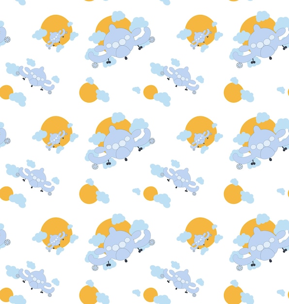 Cartoon plane seamless baby pattern with sun and clouds light color background vector illustration