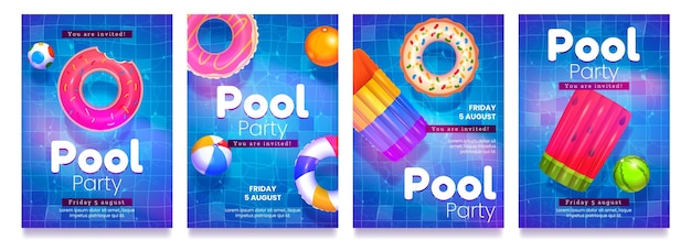 Бесплатное векторное изображение Мультяшные листовки для вечеринок у бассейна