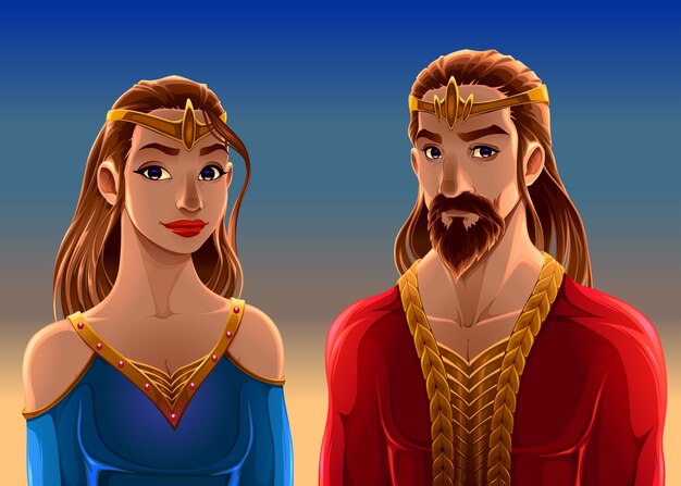 Cartoon portrait of a king and a queen. 
