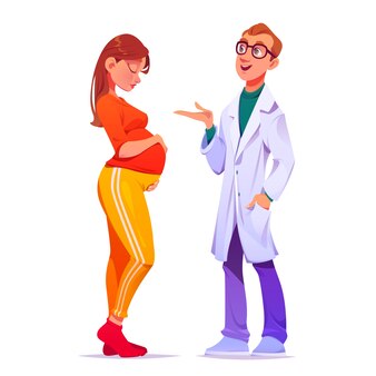 漫画​の​妊娠中​の​女性​と​医師​の​イラスト
