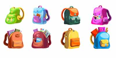 Free vector cartoon primary schoolbags set. childish school backpacks with supplies in open pockets, colorful bright bags and rucksacks.