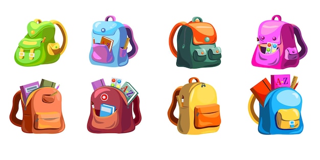 Cartoon primary schoolbags set. Childish school backpacks with supplies in open pockets, colorful bright bags and rucksacks.