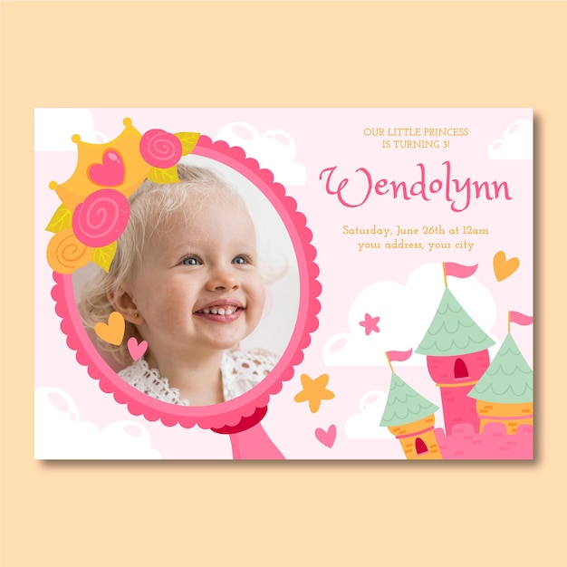 Cartoon princess birthday invitation with photo