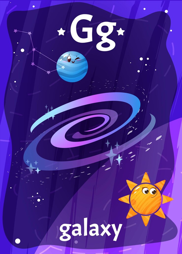 मुफ़्त वेक्टर cartoon printable space alphabet flashcard with letter g and galaxy cosmic